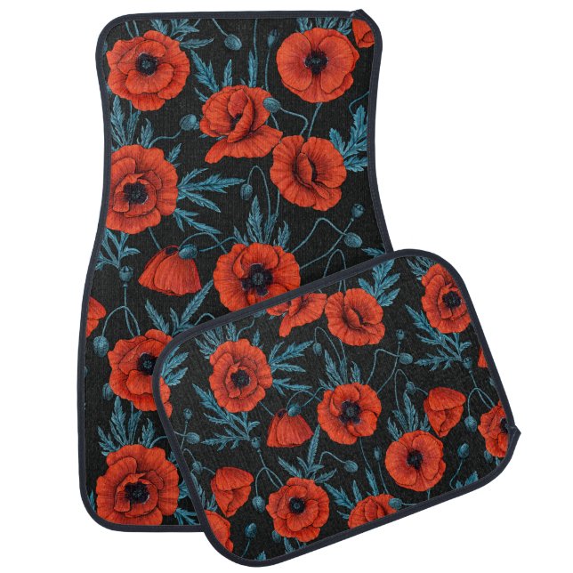 Poppies, red and blue on black car floor mat (Set)