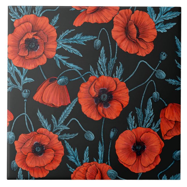Poppies, red and blue on black ceramic tile (Front)