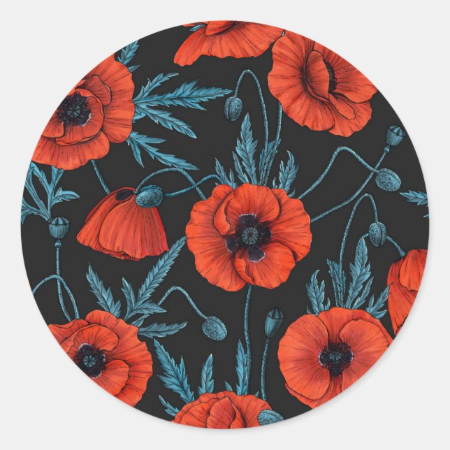 Poppies, red and blue on black classic round sticker (Front)