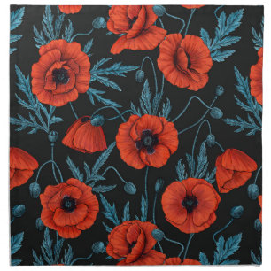 Poppies, red and blue on black cloth napkin