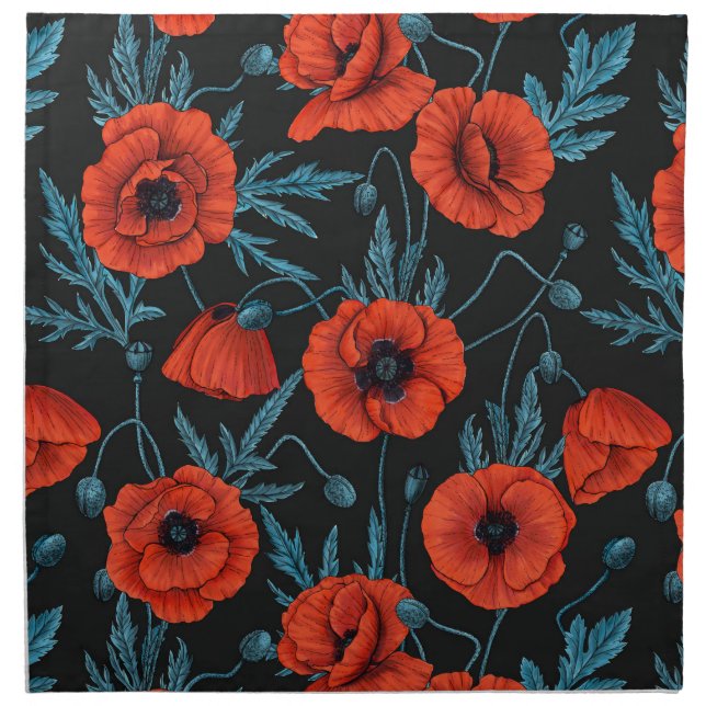 Poppies, red and blue on black cloth napkin (Front)