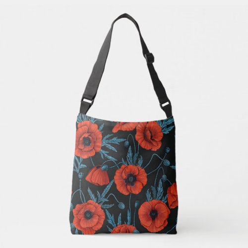 Poppies red and blue on black crossbody bag