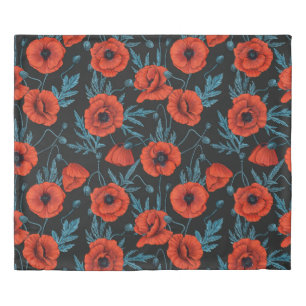 Poppies, red and blue on black duvet cover