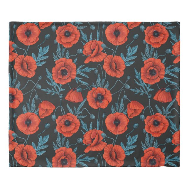 Poppies, red and blue on black duvet cover (Front)