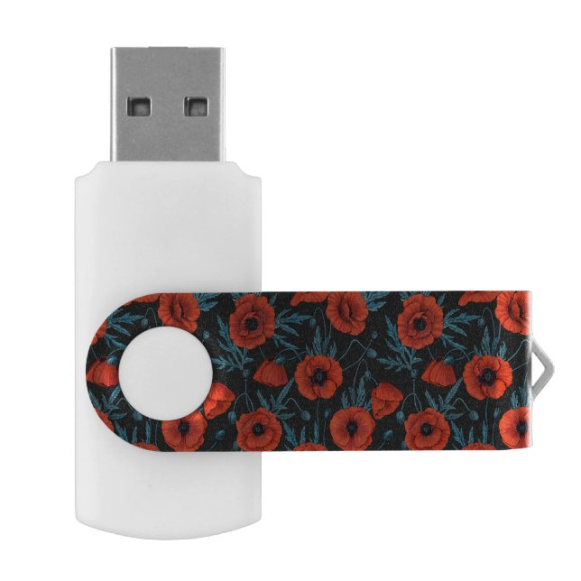 Poppies, red and blue on black flash drive (Opened)
