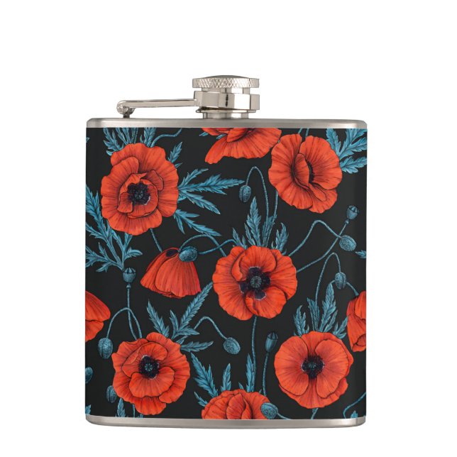 Poppies, red and blue on black flask (Front)