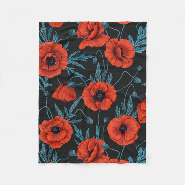 Poppies, red and blue on black fleece blanket (Front)