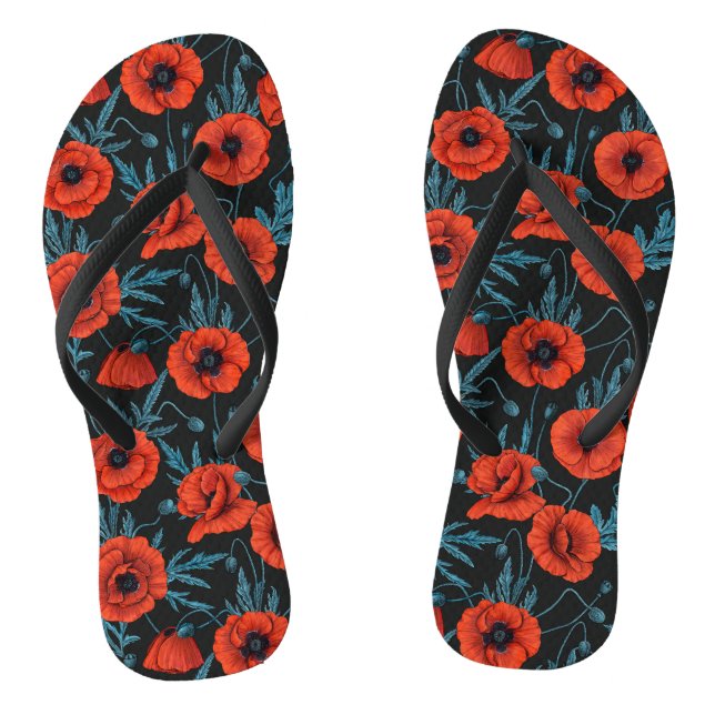 Poppies, red and blue on black flip flops (Footbed)
