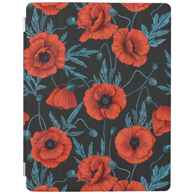 Poppies, red and blue on black iPad smart cover (Front)