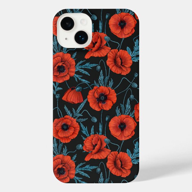 Poppies, red and blue on black iPhone case (Back)