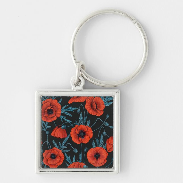 Poppies, red and blue on black keychain (Front)