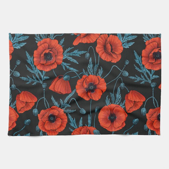 Poppies, red and blue on black kitchen towel (Horizontal)