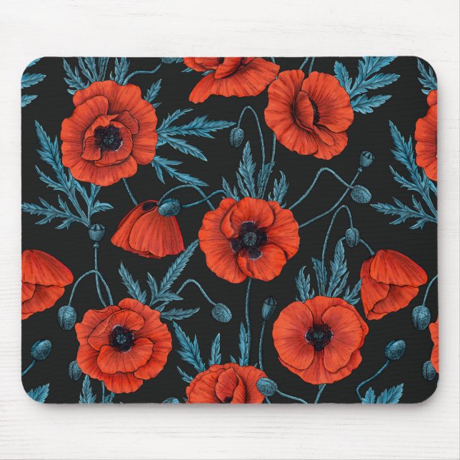 Poppies, red and blue on black mouse pad (Front)