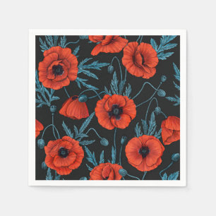 Poppies, red and blue on black napkins