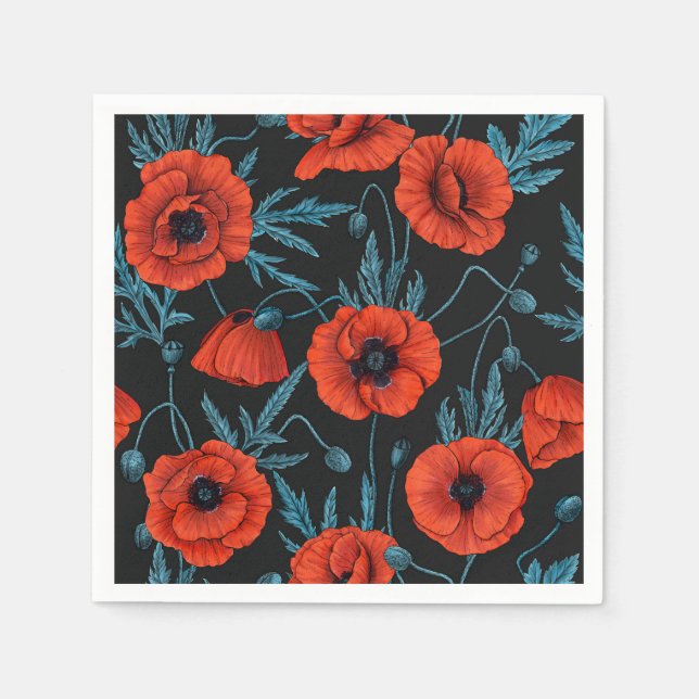 Poppies, red and blue on black napkins (Front)