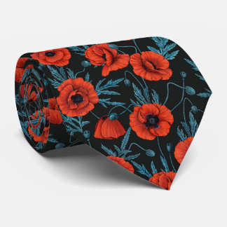 Poppies, red and blue on black neck tie