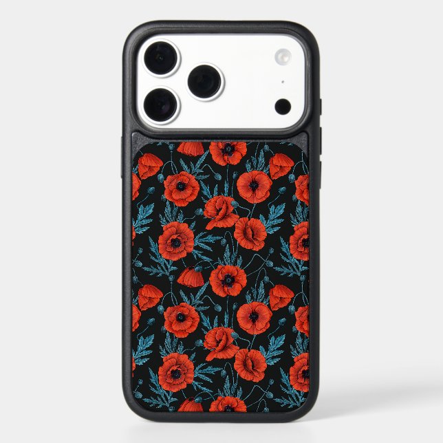 Poppies, red and blue on black otterbox iPhone case (Back)
