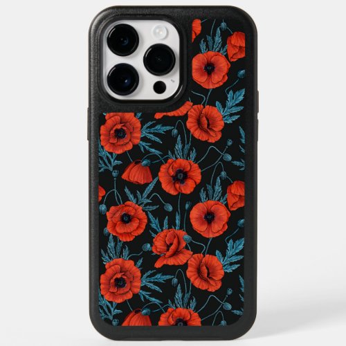 Poppies red and blue on black OtterBox iPhone 14 pro max case