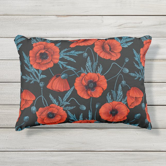 Poppies, red and blue on black outdoor pillow (Front)