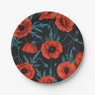 Poppies, red and blue on black paper plates