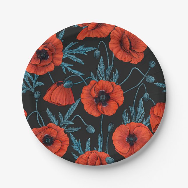 Poppies, red and blue on black paper plates (Front)