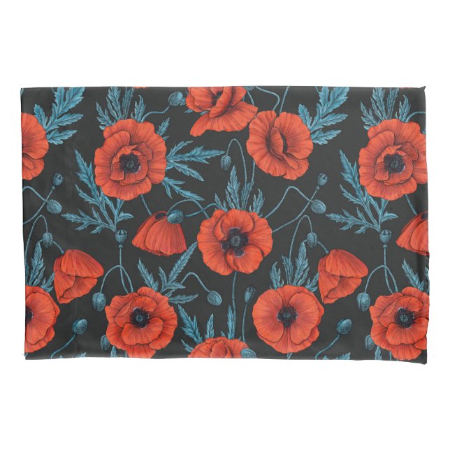 Poppies, red and blue on black pillow case (Front-Left)