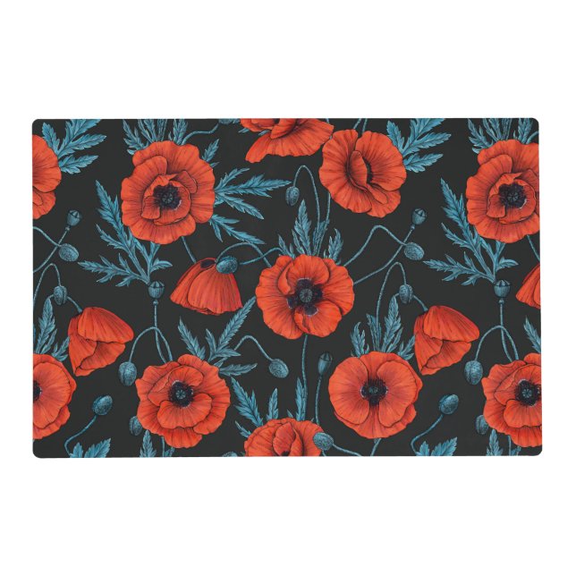 Poppies, red and blue on black placemat (Front)