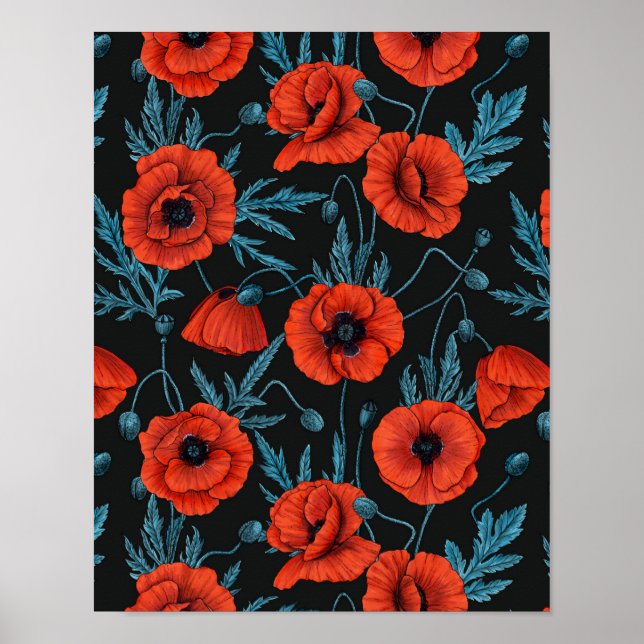 Poppies, red and blue on black poster (Front)