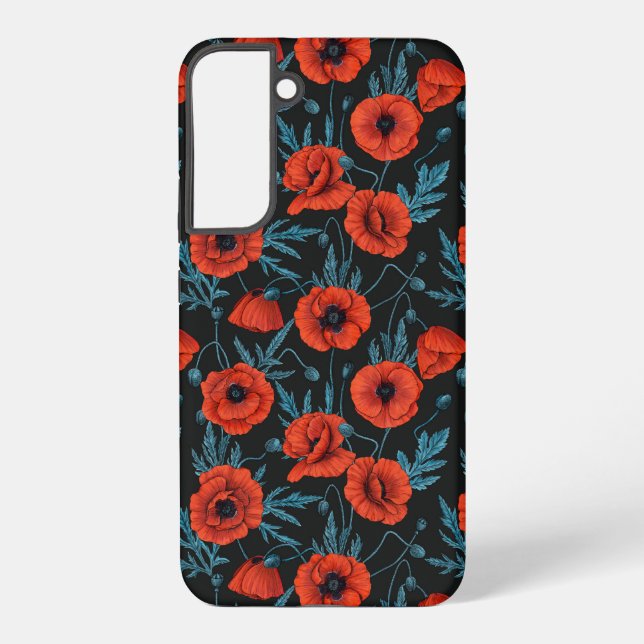 Poppies, red and blue on black samsung galaxy case (Back)