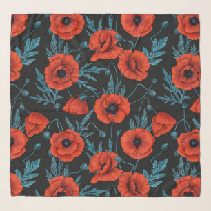 Poppies, red and blue on black scarf