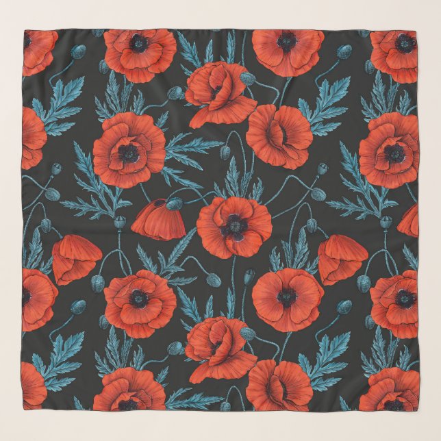 Poppies, red and blue on black scarf (Front)