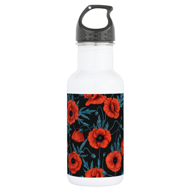 Poppies, red and blue on black stainless steel water bottle (Front)