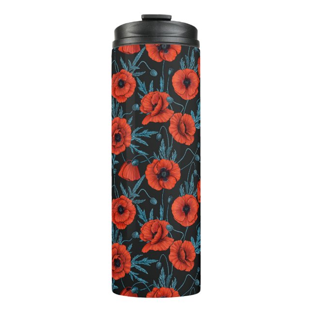 Poppies, red and blue on black thermal tumbler (Front)