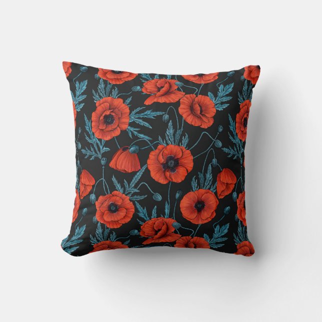 Poppies, red and blue on black throw pillow (Front)