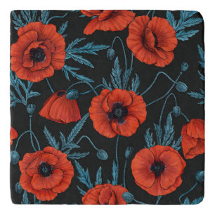 Poppies, red and blue on black trivet
