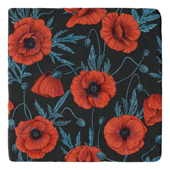 Poppies, red and blue on black trivet (Front)