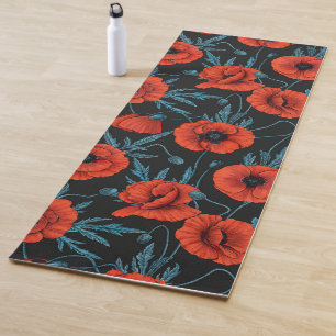 Poppies, red and blue on black yoga mat