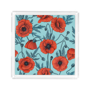 Poppies, red and blue on pool blue acrylic tray