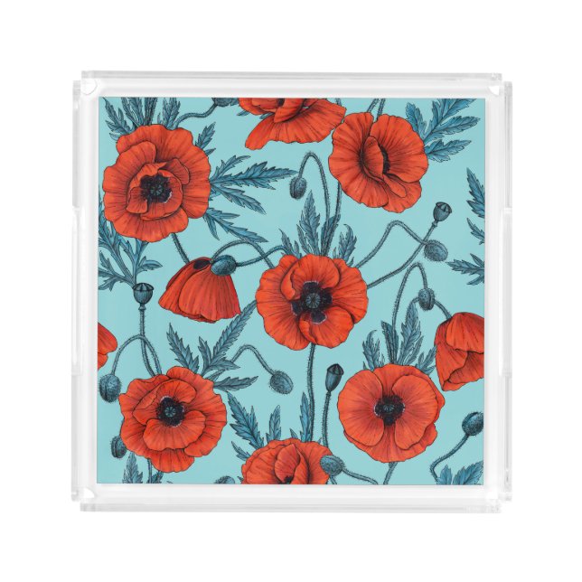 Poppies, red and blue on pool blue acrylic tray (Front)