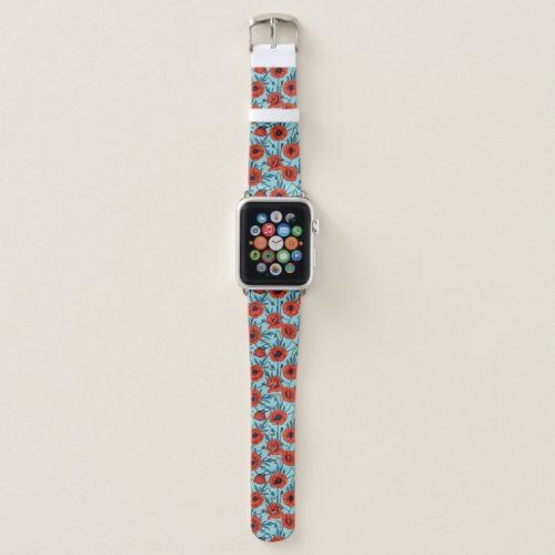 Poppies red and blue on pool blue apple watch band