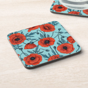Poppies, red and blue on pool blue beverage coaster