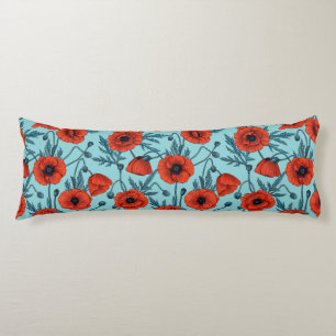 Poppies, red and blue on pool blue body pillow