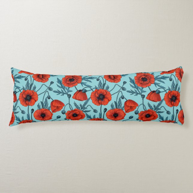 Poppies, red and blue on pool blue body pillow (Front)