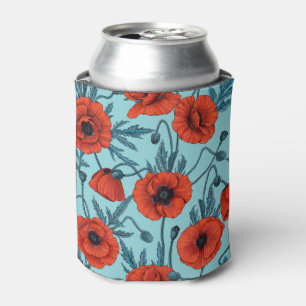 Poppies, red and blue on pool blue can cooler