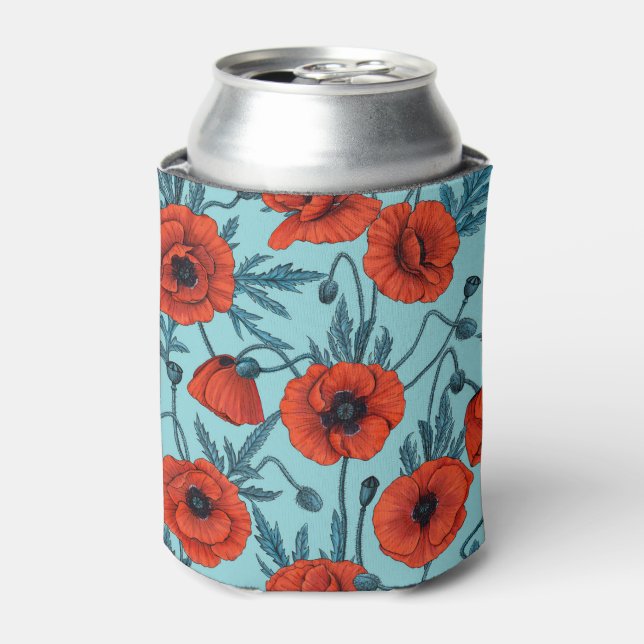 Poppies, red and blue on pool blue can cooler (Can Front)