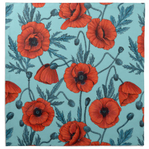Poppies, red and blue on pool blue cloth napkin