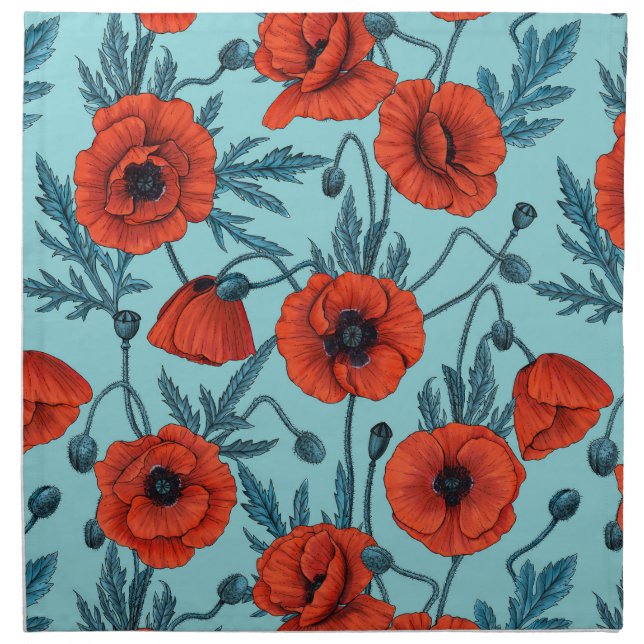 Poppies, red and blue on pool blue cloth napkin (Front)