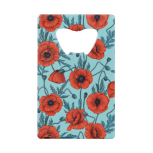 Poppies, red and blue on pool blue credit card bottle opener
