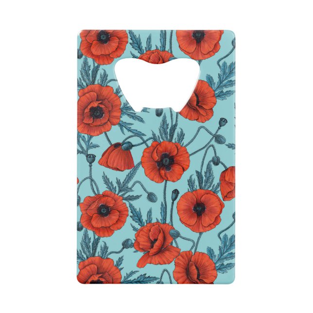 Poppies, red and blue on pool blue credit card bottle opener (Front)