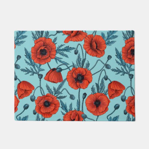 Poppies red and blue on pool blue doormat